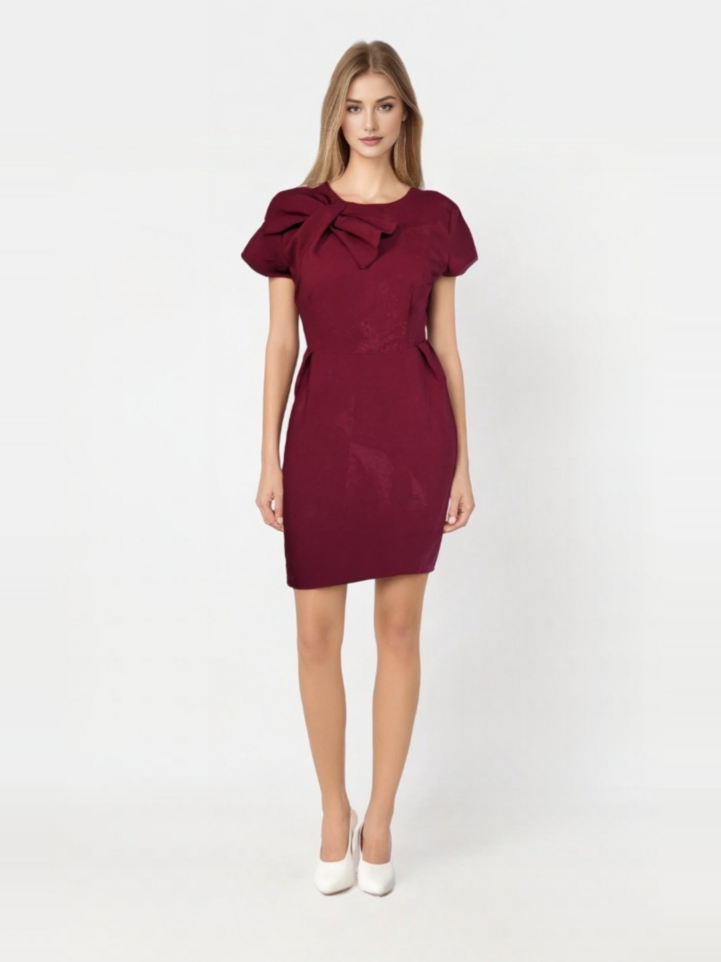 Maroon Bow Pleat Dress