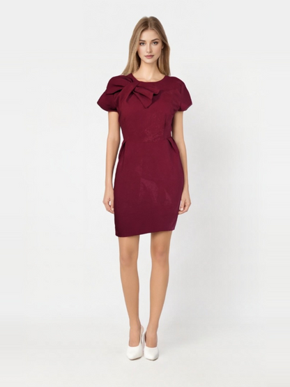 Maroon Bow Pleat Dress