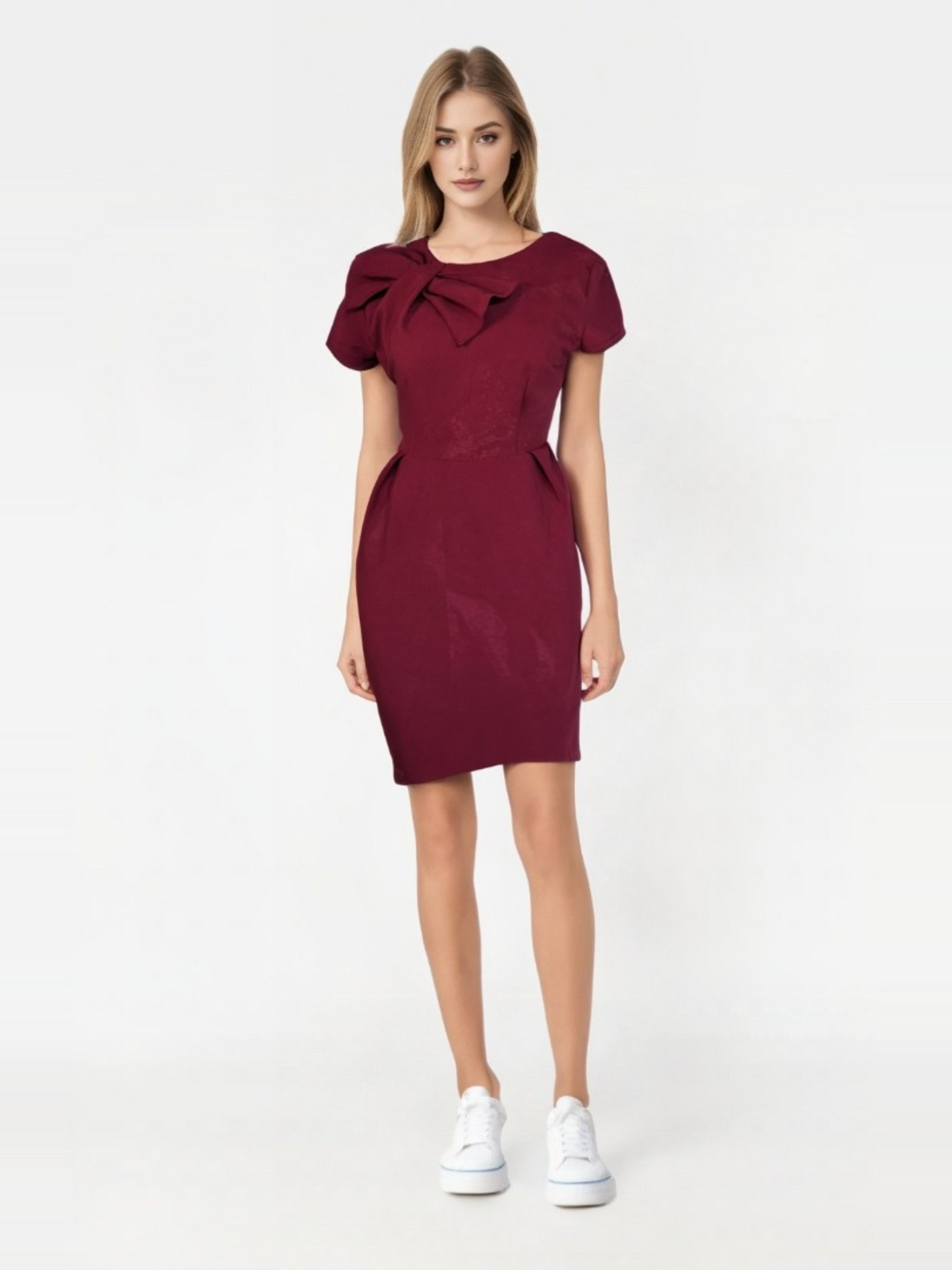 Maroon Bow Pleat Dress