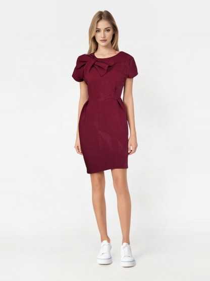 Maroon Bow Pleat Dress