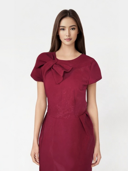 Maroon Bow Pleat Dress