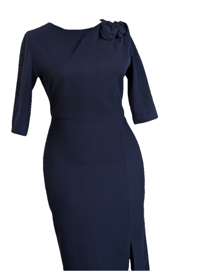 Navy Rose Petal Pencil Dress