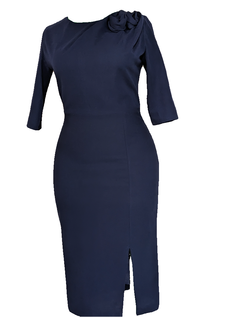 Navy Rose Petal Pencil Dress